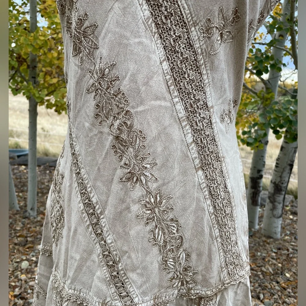 Vintage Coline Y2K fairycore Gypsy beige viscose embroidered drop waist dress - Picture 4 of 14